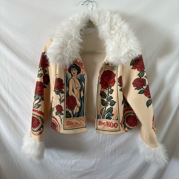 Fur trim collar penny lane eclectic boho jacket coat printed Spanish floral rose - Picture 2 of 4